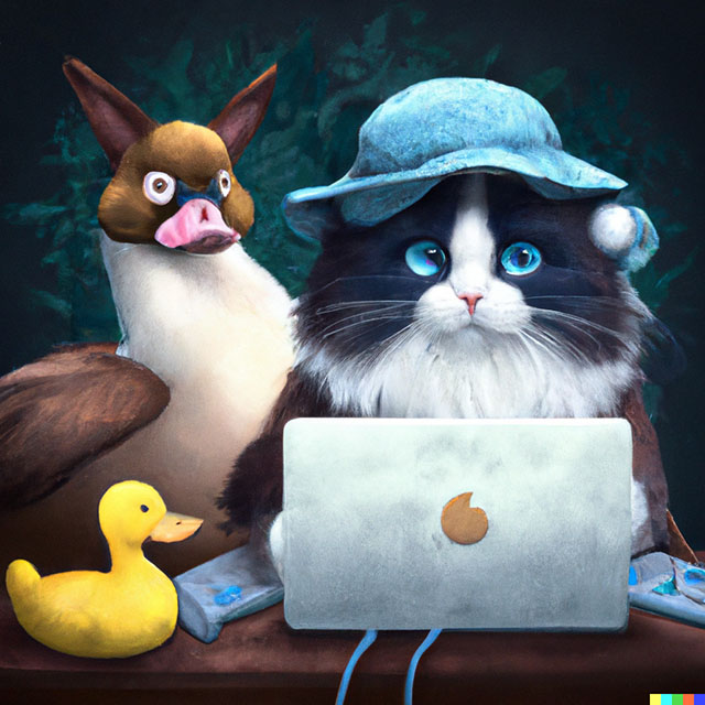 cat and duck searching internet for accountants near me on a laptop